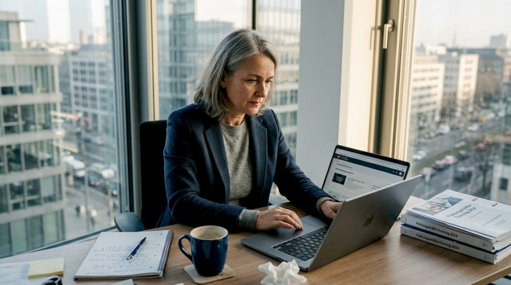 Eine Führungskraft bildet sich mithilfe digitaler Lernplattformen direkt am Arbeitsplatz weiter.