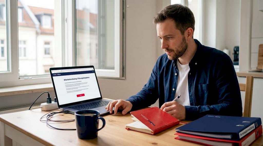 Ein Mann sitzt am Küchentisch und arbeitet konzentriert an seinem Laptop.