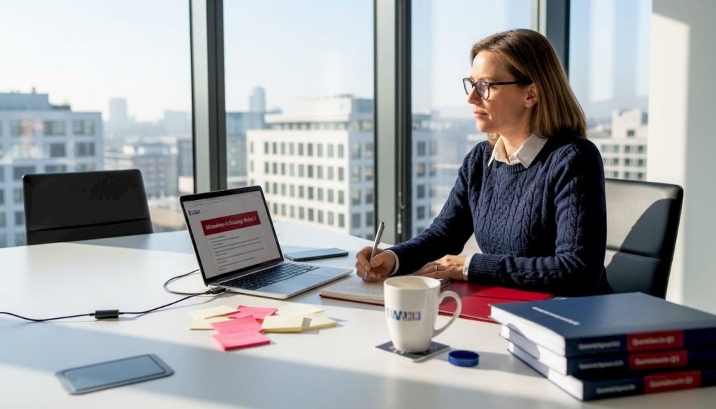 Eine Mitarbeiterin beschäftigt sich im Büro mit Themen rund um die Personalentwicklung.