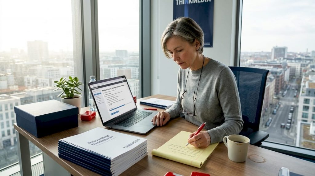 Eine HR-Fachkraft prüft und bewertet digitale Lernmodule auf ihre Qualität und Praxistauglichkeit.