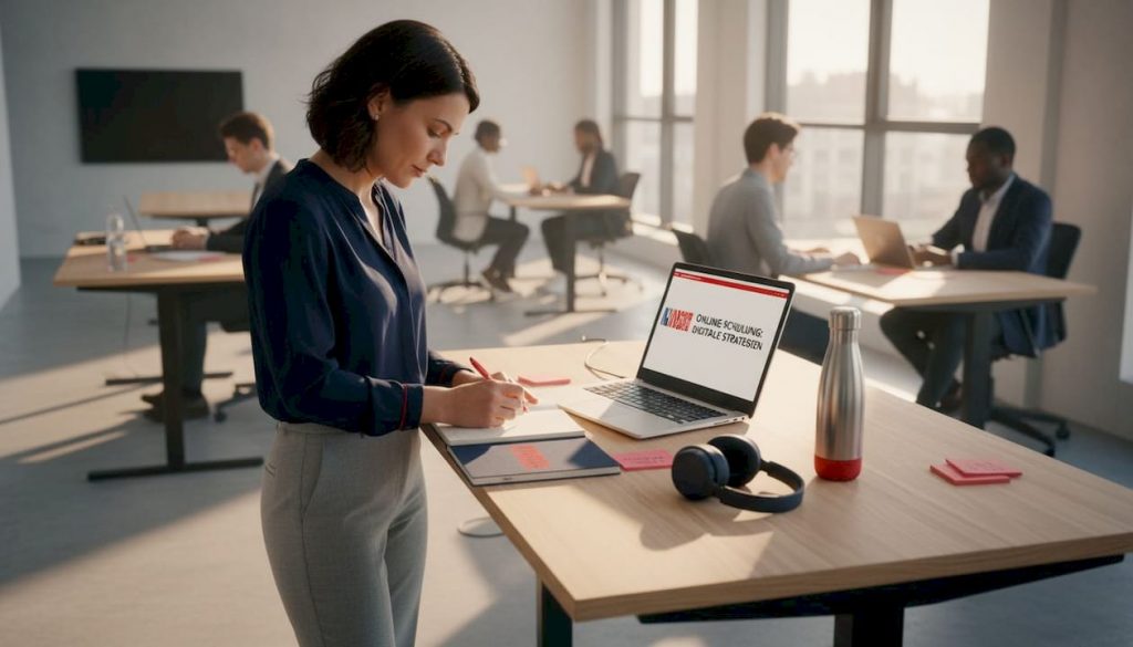 Eine Frau bildet sich am Schreibtisch ihres lebhaften Büros online weiter.