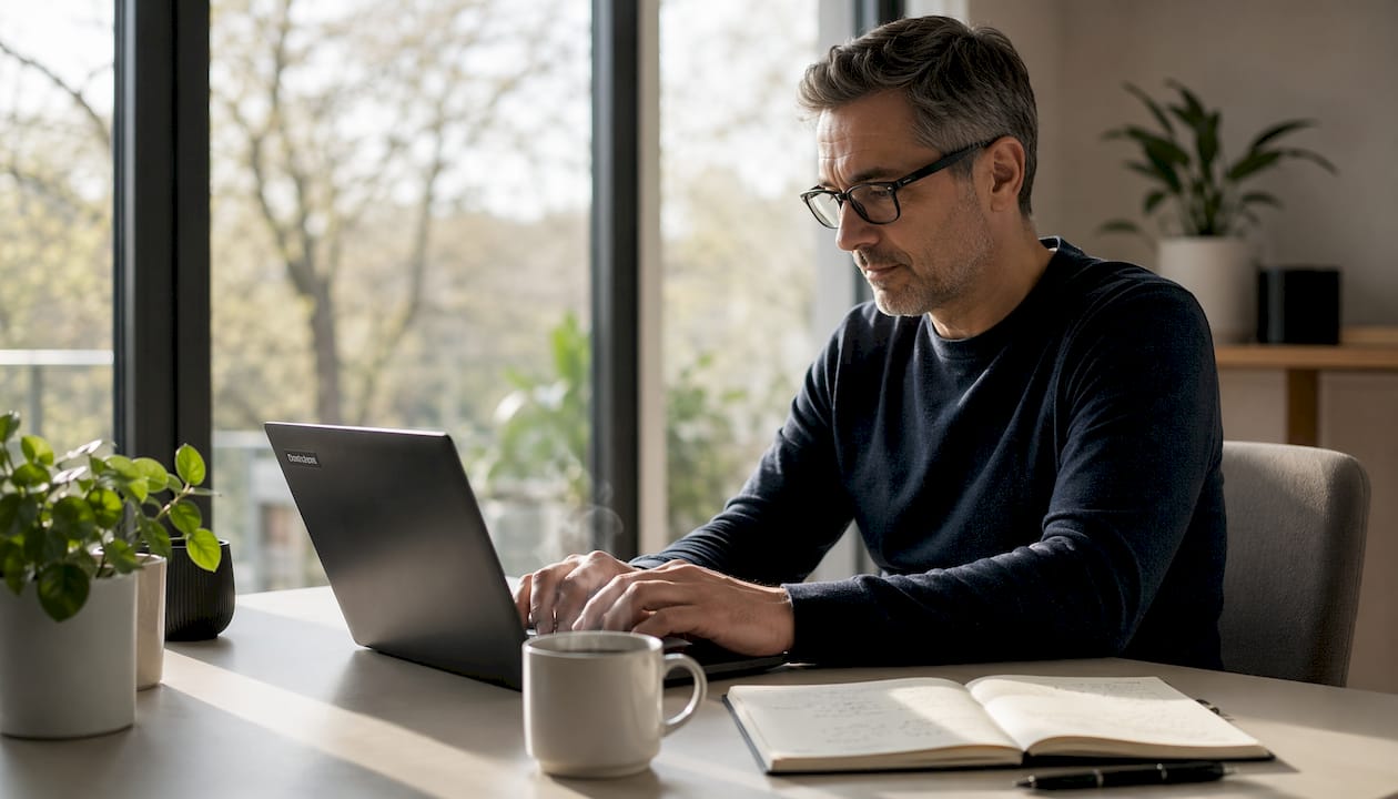Jemand gibt Daten auf dem Laptop ein und nutzt dabei eine Software fürs Onboarding.