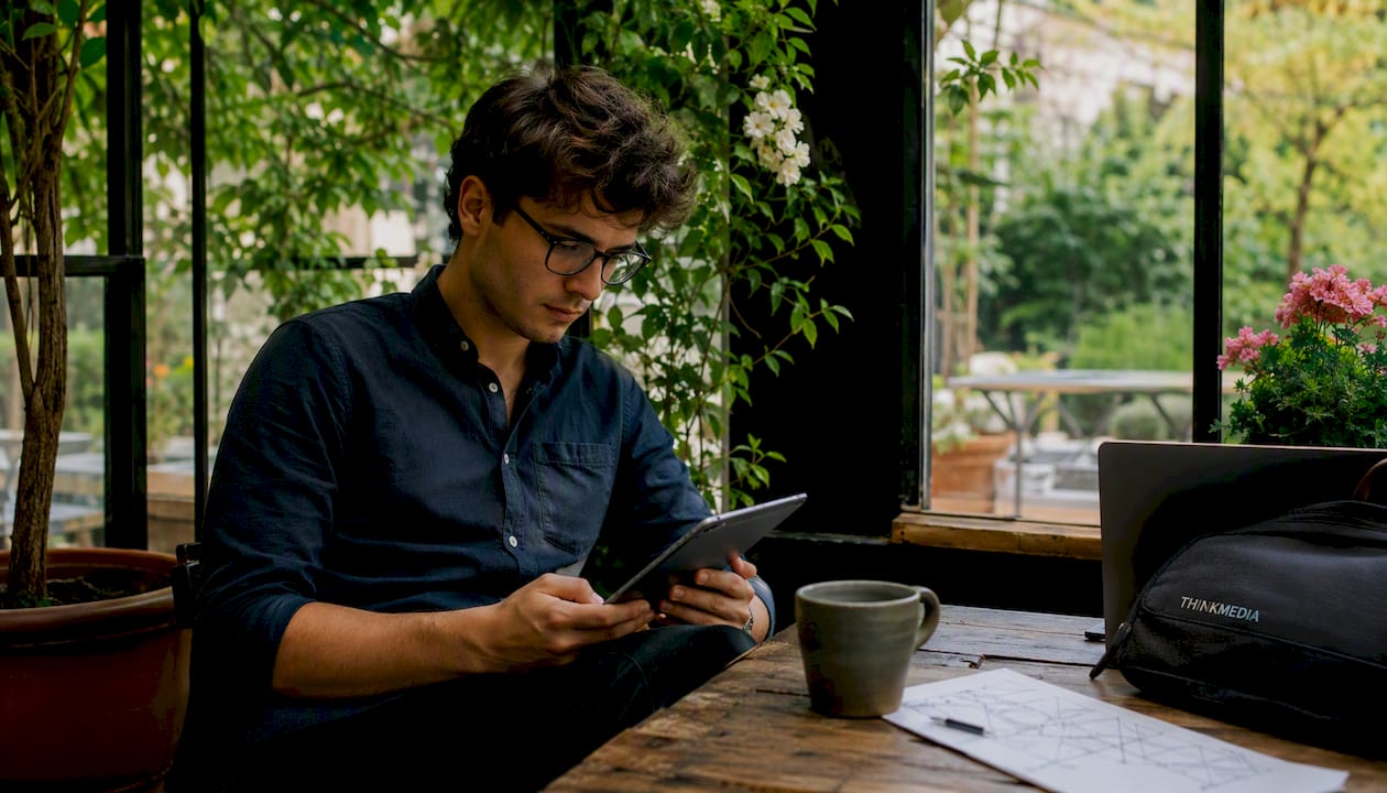 Ein junger Mann sitzt im Café und vertieft sich in sein Tablet, um zu lernen.