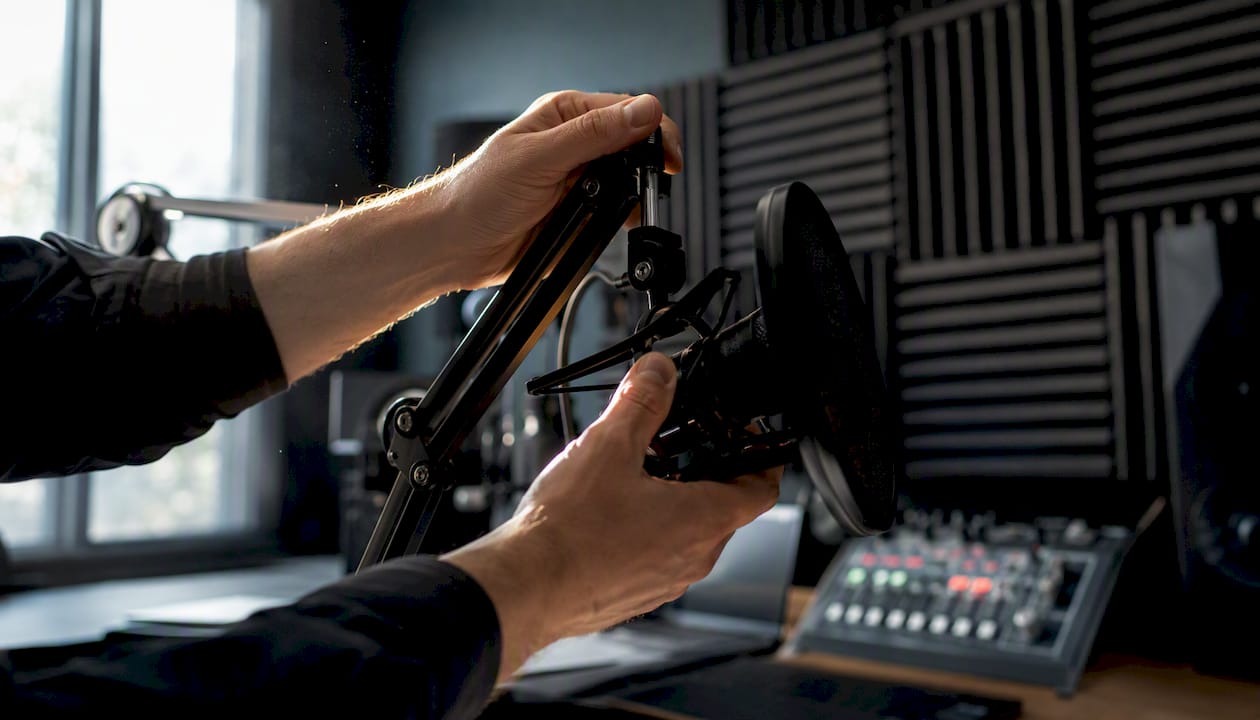 Jemand richtet im Tonstudio das Mikrofon aus.