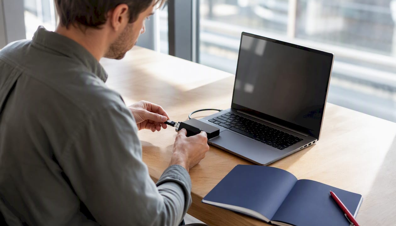 Eine Person steckt einen USB-Stick in die Dockingstation ihres Laptops.