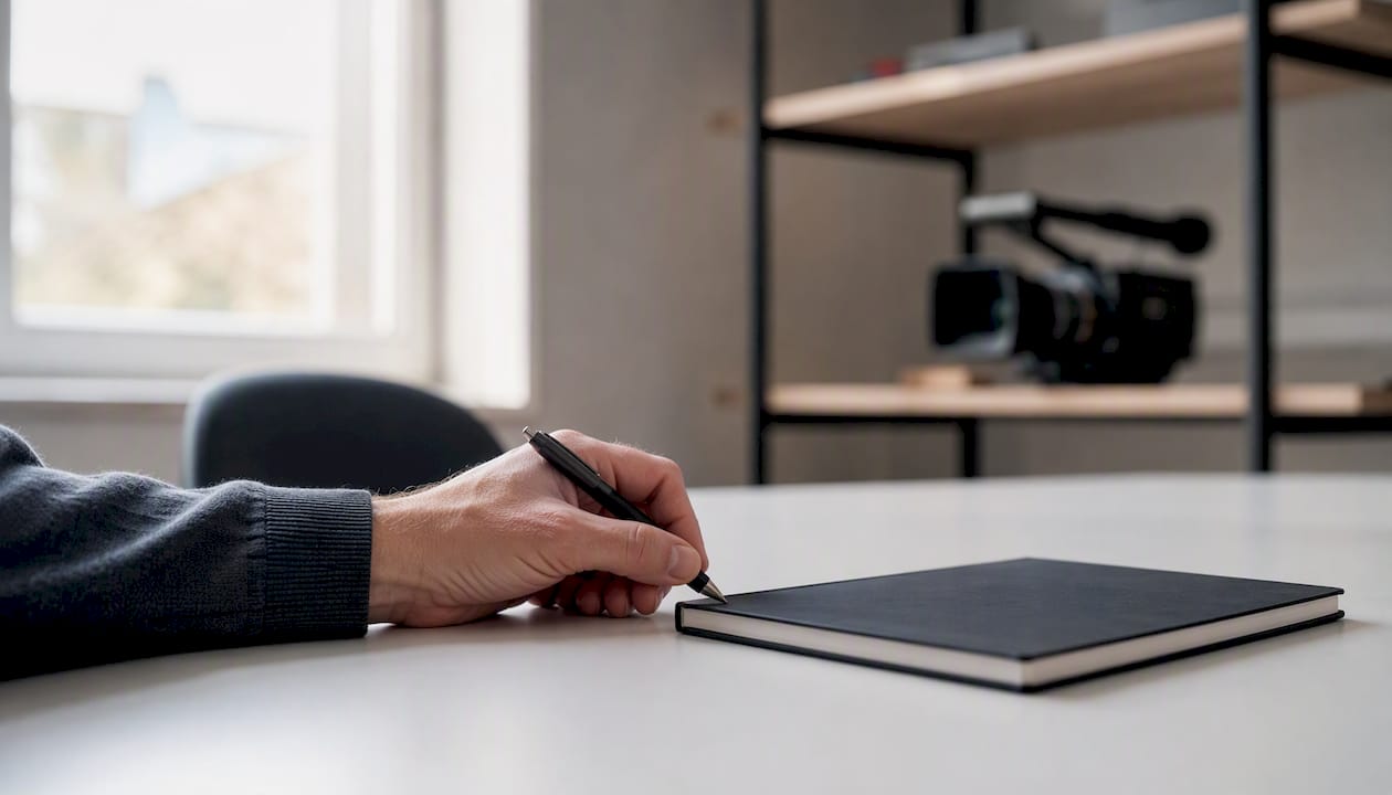 Eine Hand legt einen Stift neben ein Notizbuch, bereit für neue Einträge.