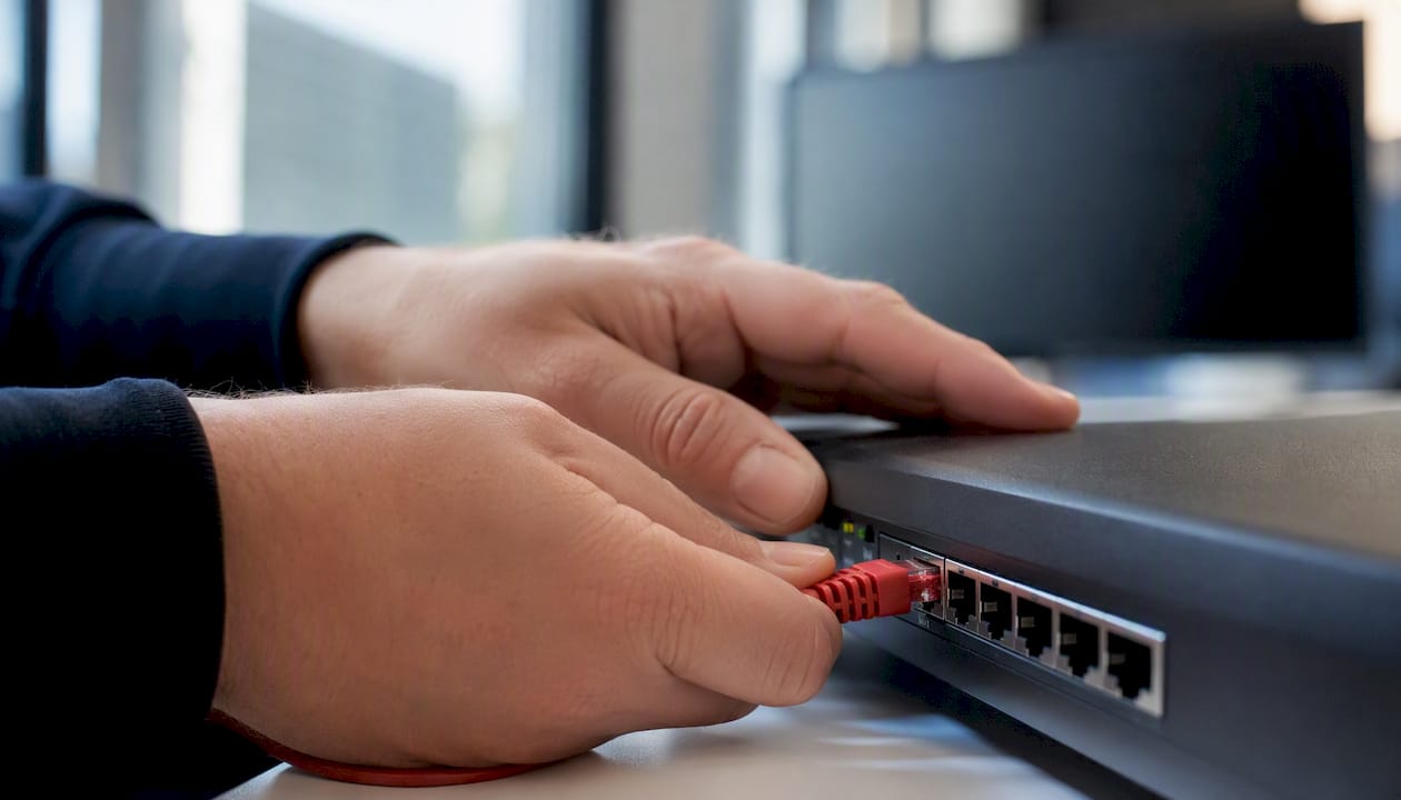 Im Rahmen einer Schulung werden Netzwerkkabel von Hand getrennt.