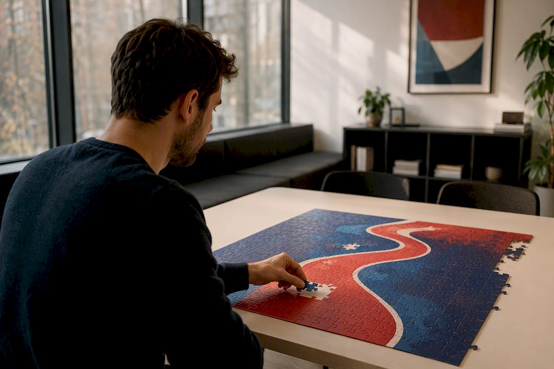 Eine Hand setzt ein Puzzlestück ein – ein Bild dafür, wie wir Schritt für Schritt neues Wissen erwerben.