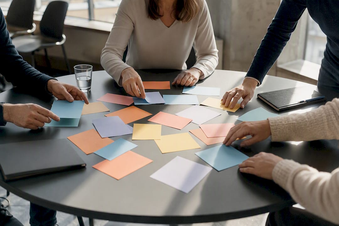 Hände, die Planungskarten für E-Learning ordnen