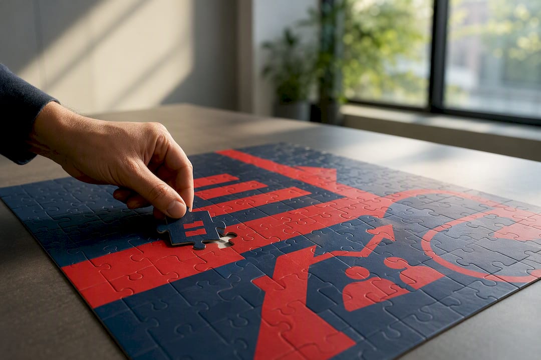 Hand, die ein Puzzlestück platziert und damit skalierbares Training symbolisiert