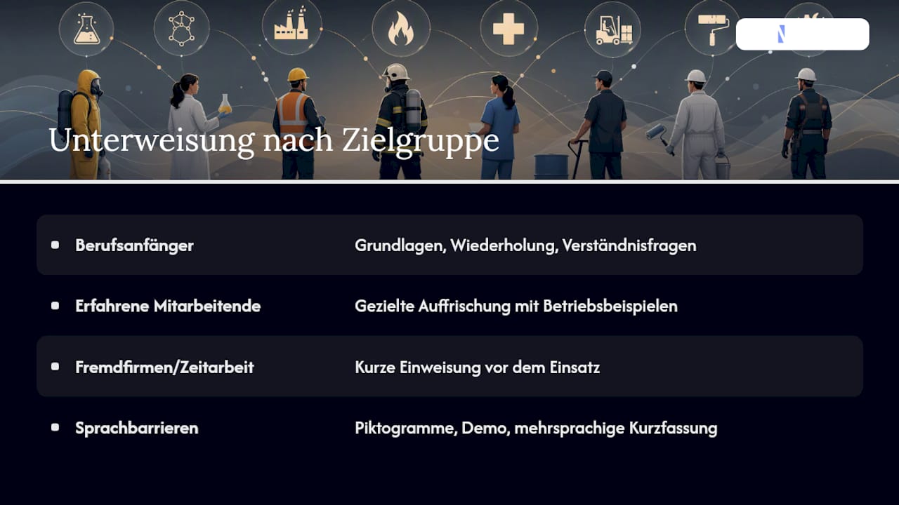 Unterweisungsvorgaben für vier Zielgruppen